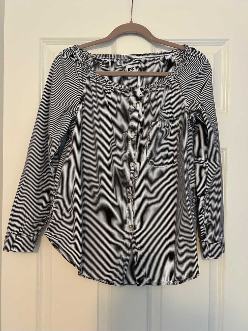NSF Navy and White Pinstripe Off-Shoulder Button-Up Top